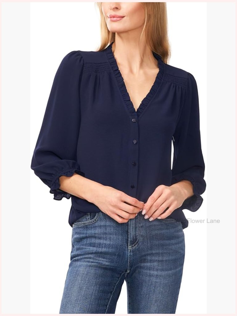 3/4 Sleeve V-Neck Blouse With Buttons Smocked Shoulder